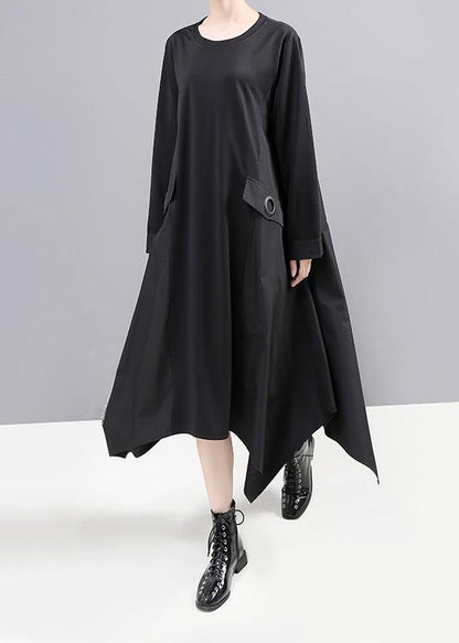 Elegant black cotton tunic dress asymmetric A Line fall Dress - SooLinen