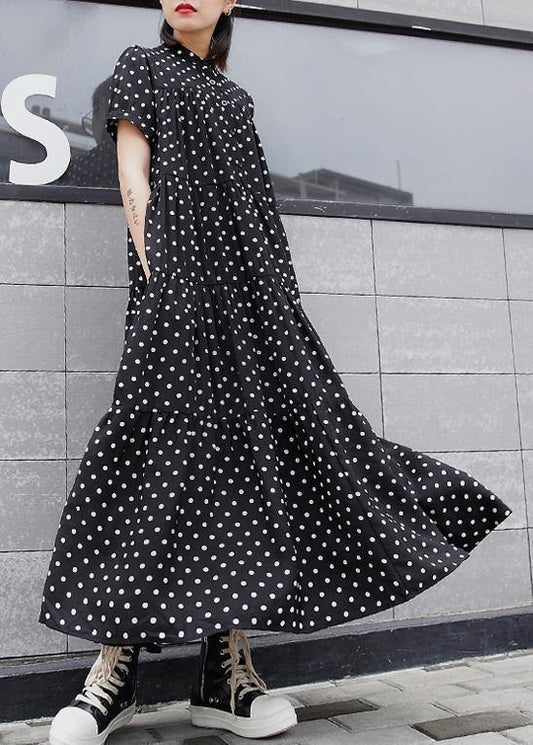 Elegant black dotted cotton clothes For Women stand collar exra large hem Maxi summer Dresses - SooLinen