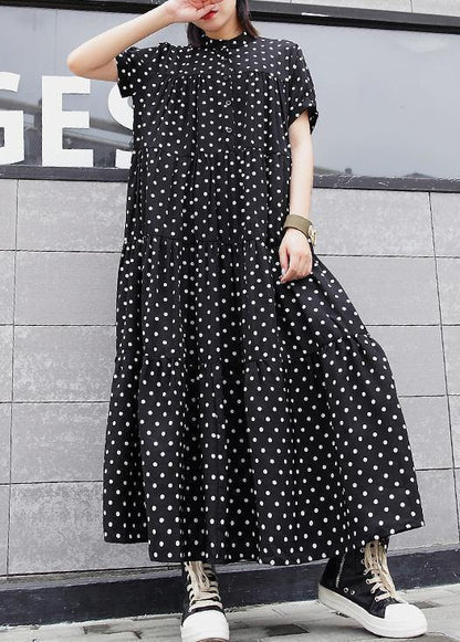 Elegant black dotted cotton clothes For Women stand collar exra large hem Maxi summer Dresses - SooLinen