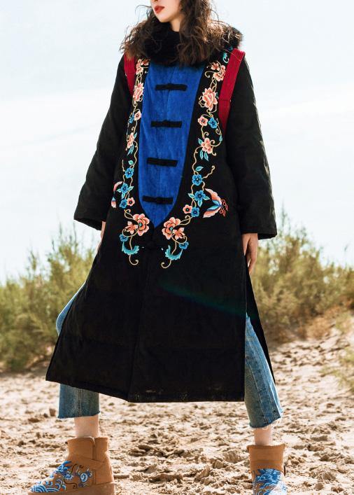 Elegant black down jacket woman Loose fitting embroidery down jacket side open New coats - SooLinen