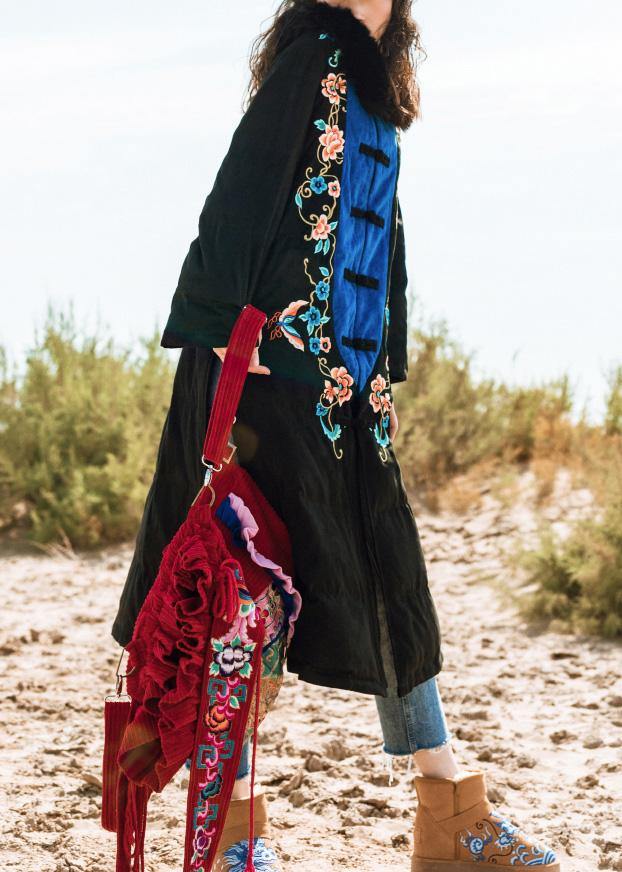 Elegant black down jacket woman Loose fitting embroidery down jacket side open New coats - SooLinen