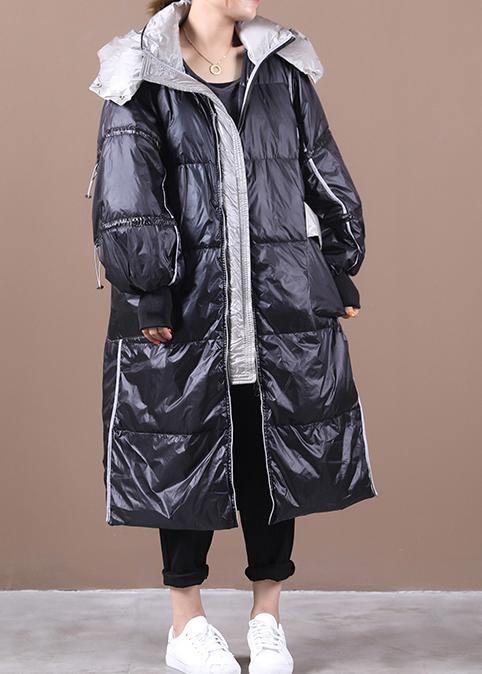 Elegant black down jacket woman plus size hooded patchwork Luxury winter outwear - SooLinen