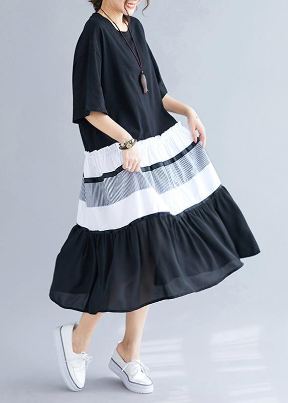 Elegant black patchwork cotton tunics for women o neck long summer Dress - SooLinen