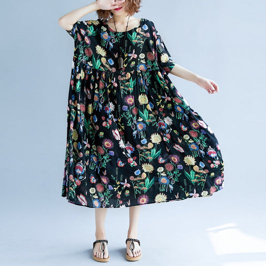 Elegant black print long cotton linen dress plus size short sleeve baggy dresses cotton linen maxi dress women o neck traveling dress