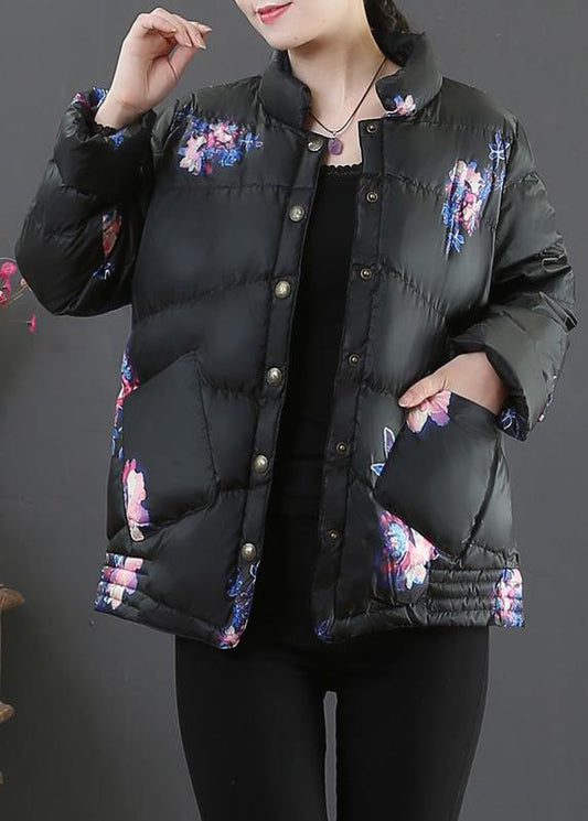 Elegant black print warm winter coat Loose fitting womens parka stand collar pockets Fine overcoat - SooLinen