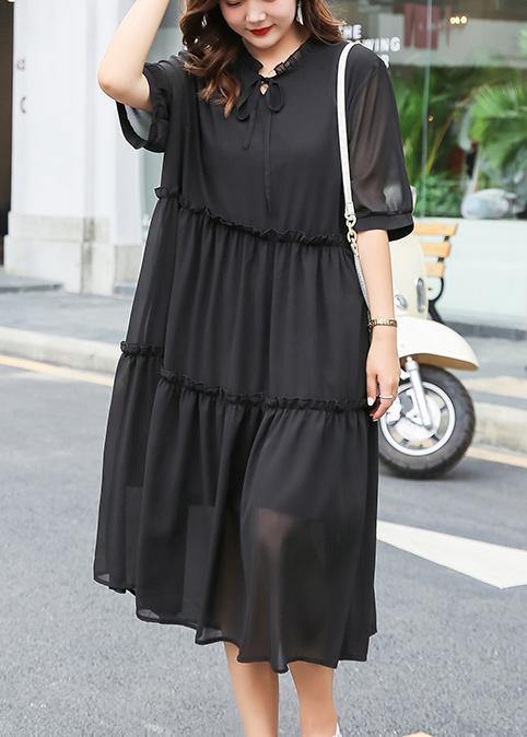 Elegant black ruffles chiffon clothes For Women stand collar Art summer Dress - SooLinen