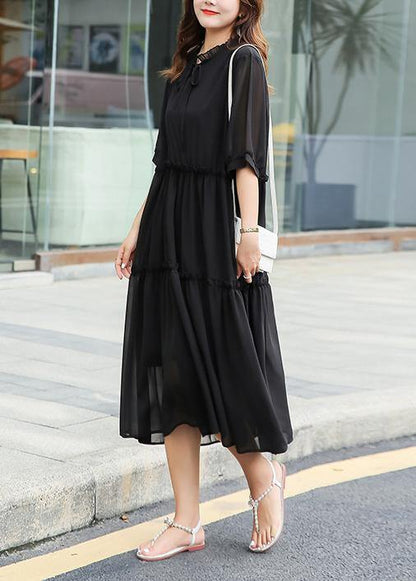 Elegant black ruffles chiffon clothes For Women stand collar Art summer Dress - SooLinen