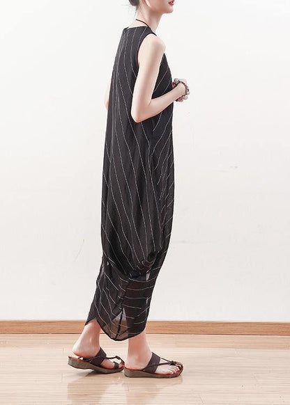 Elegant black sleeveless linen Robes asymmetric Maxi summer Dresses - SooLinen