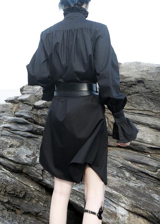 Elegant black stand collar cotton clothes Women flare sleeve cotton robes ruffles shirt Dress - SooLinen