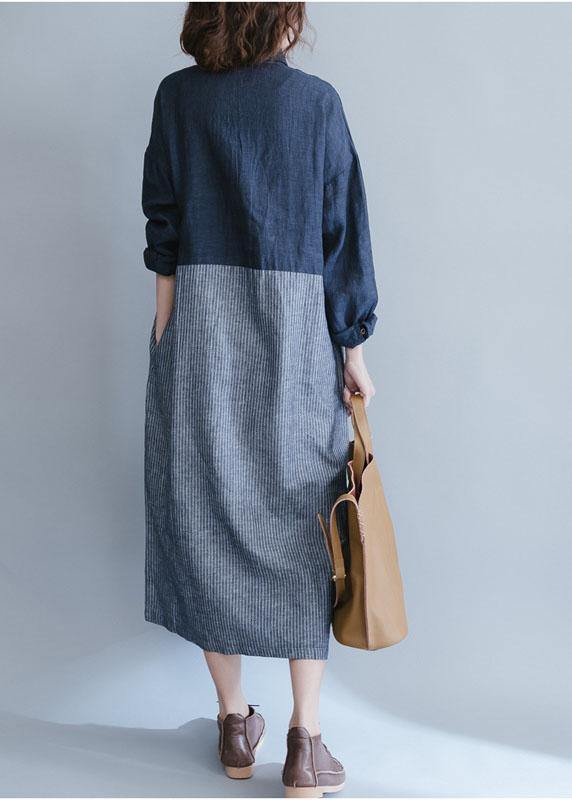 Elegant blue cotton linen Wardrobes lapel collar dress patchwork striped Dresses - SooLinen