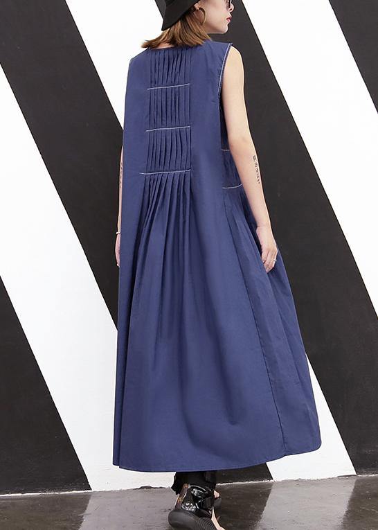 Elegant blue cotton o neck pockets loose Dress - SooLinen