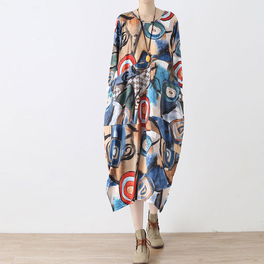 Elegant blue prints cotton dresses plus size clothing side open traveling clothing 2025 o neck kaftans