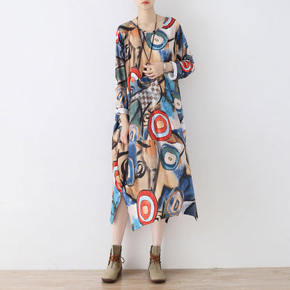 Elegant blue prints cotton dresses plus size clothing side open traveling clothing 2025 o neck kaftans