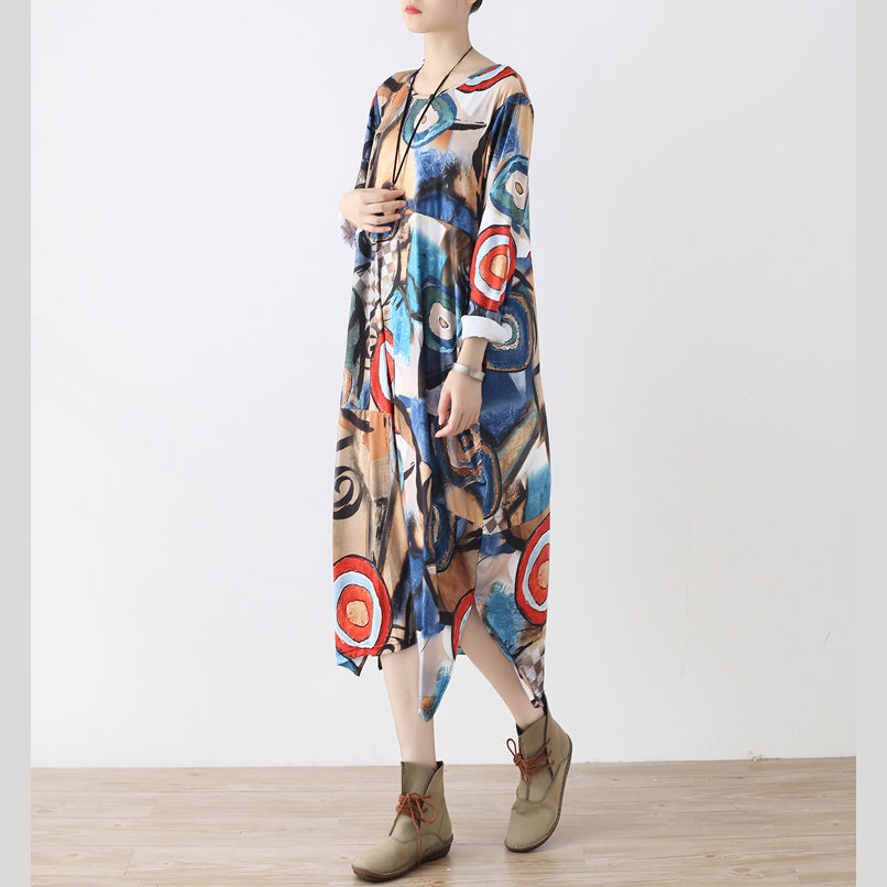 Elegant blue prints cotton dresses plus size clothing side open traveling clothing 2025 o neck kaftans