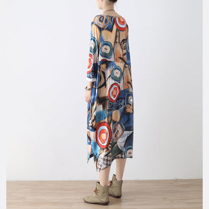 Elegant blue prints cotton dresses plus size clothing side open traveling clothing 2025 o neck kaftans