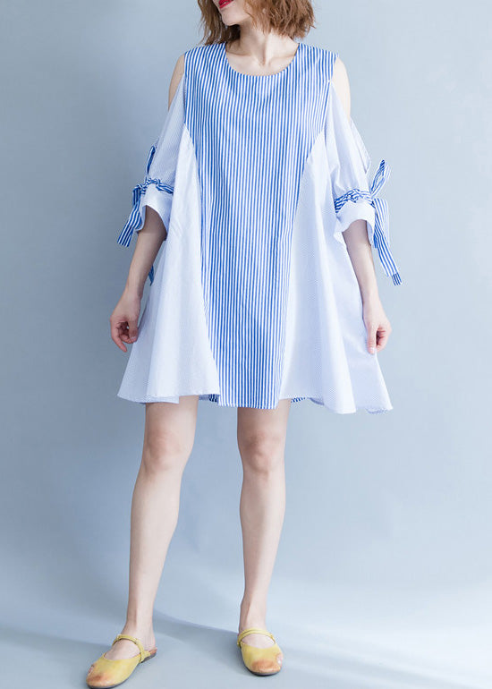 Elegant blue striped Cotton clothes plus size Fabrics off the shoulder summer Dresses