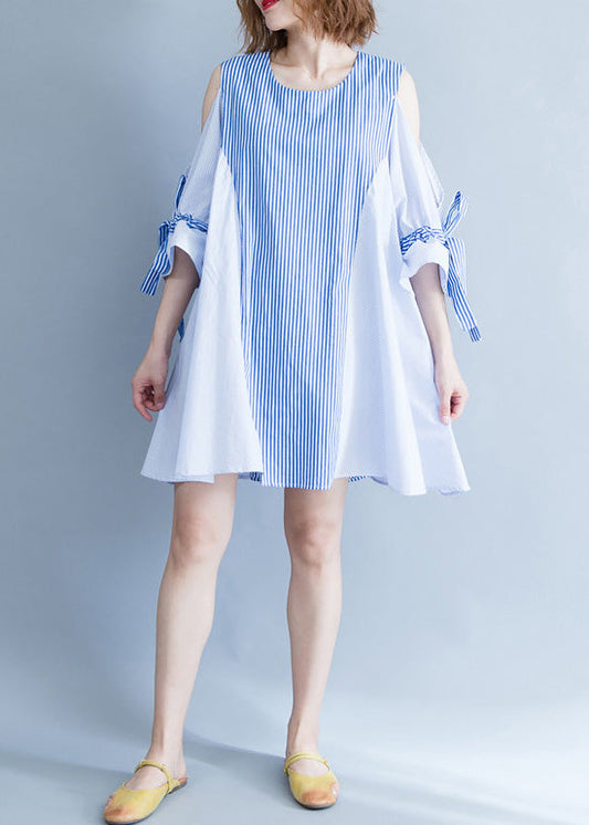 Elegant blue striped Cotton clothes plus size Fabrics off the shoulder summer Dresses