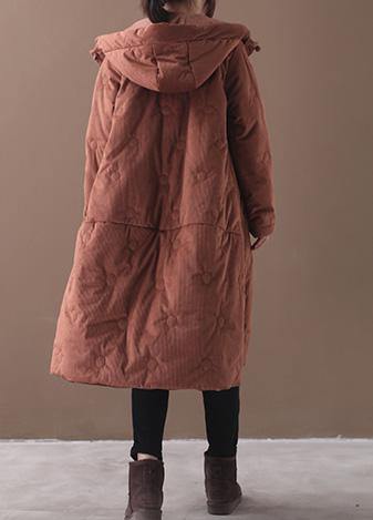 Elegant brown outwear trendy plus size warm winter coat Chinese Button hooded coats - SooLinen