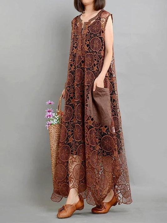 Elegant brown quilting dresses pockets asymmetric long summer Dresses - SooLinen