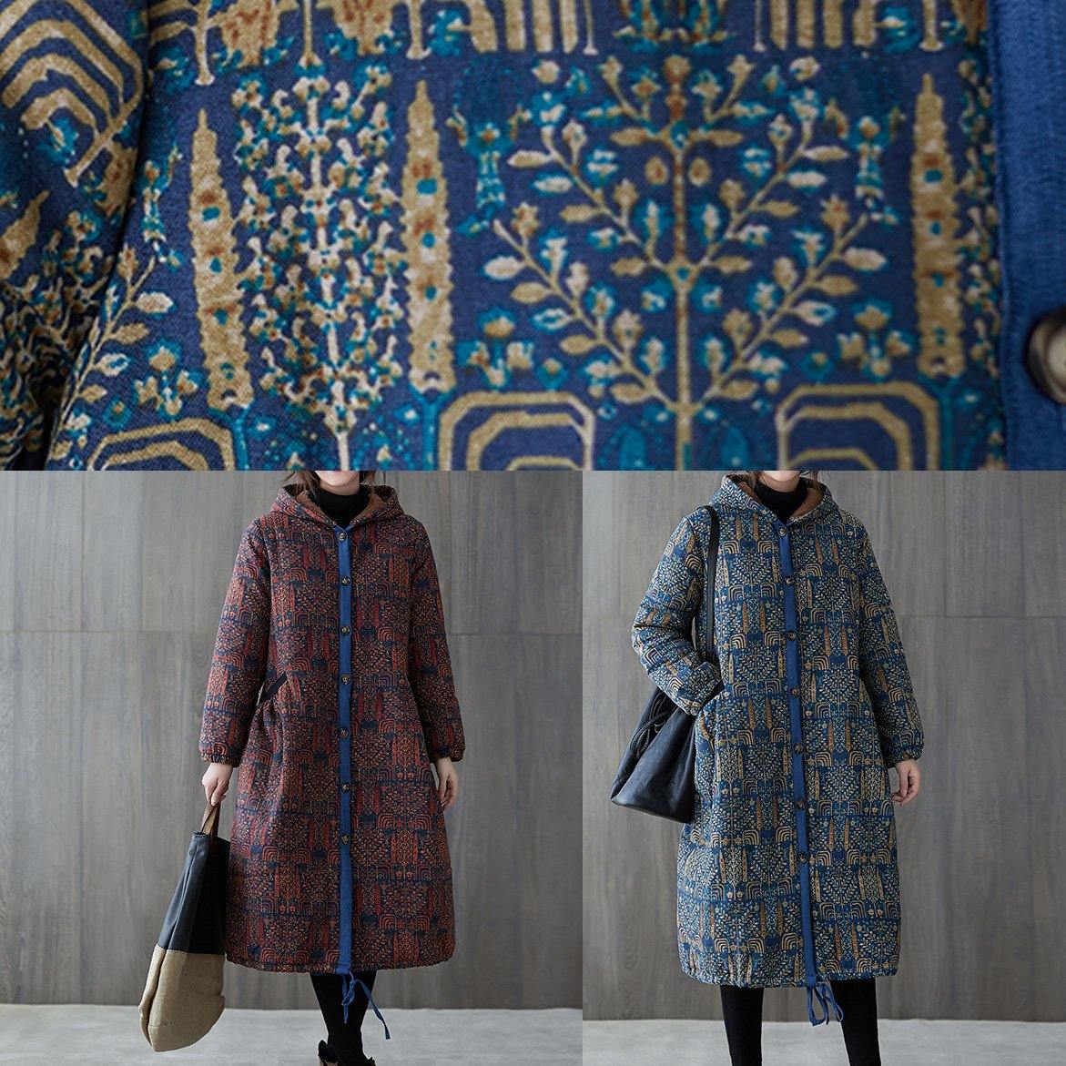 Elegant burgundy print overcoat plus size warm hooded drawstring winter coats - SooLinen