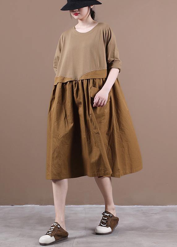 Elegant chocolate Robes o neck patchwork Kaftan spring Dresses - SooLinen