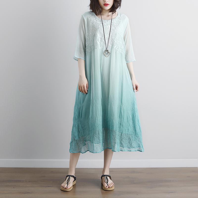 Elegant cotton blouse oversize Fake Two-piece Pockets Retro Green Summer Dress