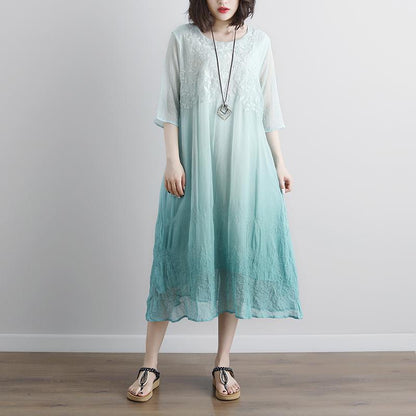 Elegant cotton blouse oversize Fake Two-piece Pockets Retro Green Summer Dress