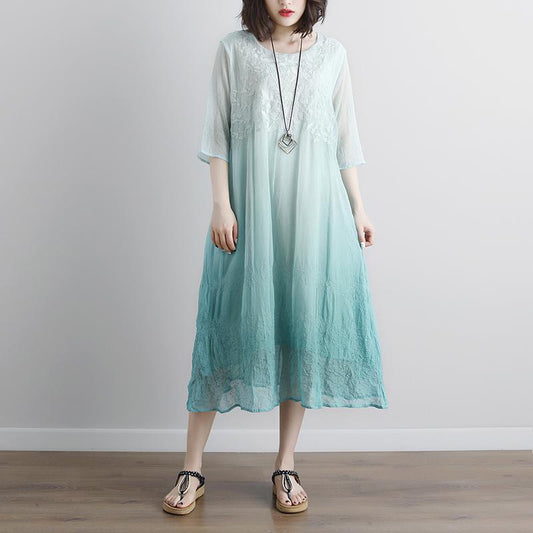 Elegant cotton blouse oversize Fake Two-piece Pockets Retro Green Summer Dress
