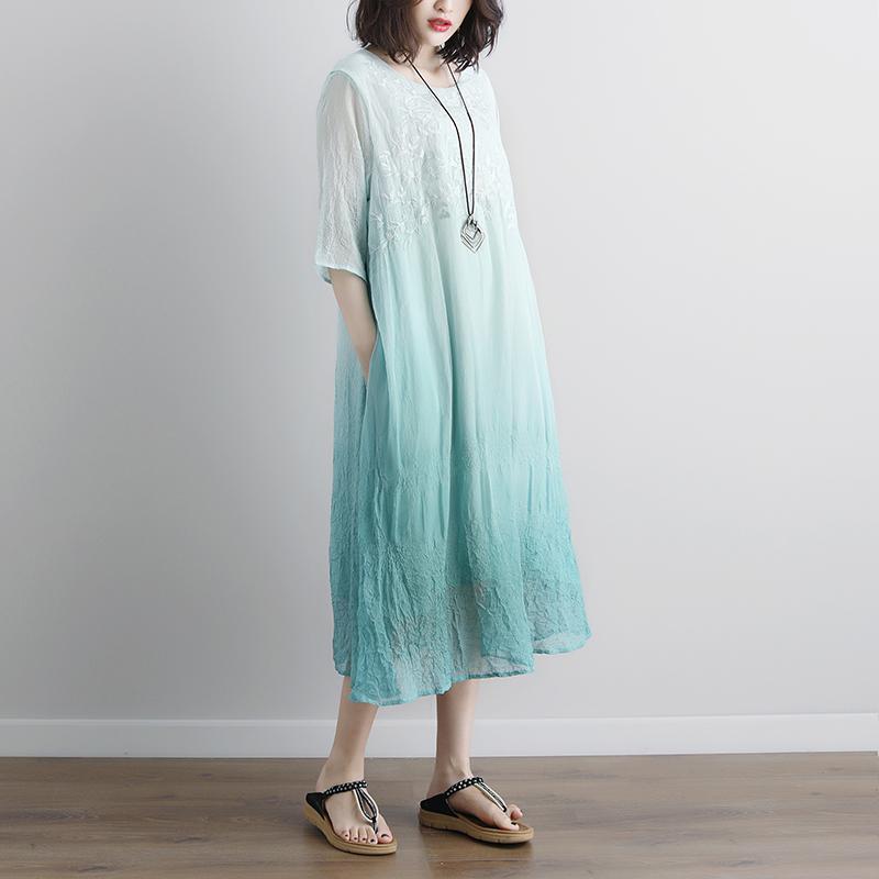 Elegant cotton blouse oversize Fake Two-piece Pockets Retro Green Summer Dress