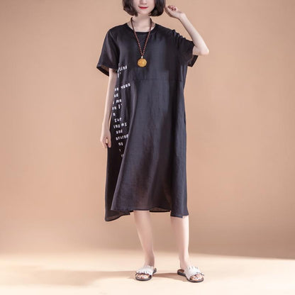 Elegant cotton dresses oversize Short Sleeve Pockets Summer Casual Black Dress