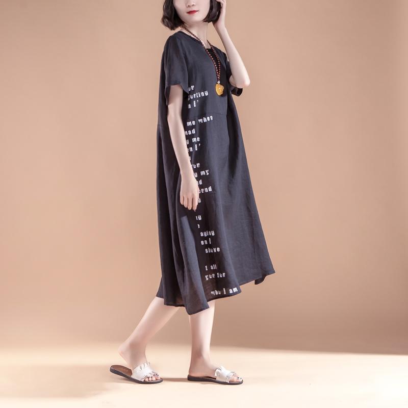 Elegant cotton dresses oversize Short Sleeve Pockets Summer Casual Black Dress