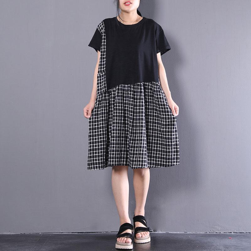Elegant cotton shift dresses oversized Short Sleeve Plaid Summer Round Neck Black Dress