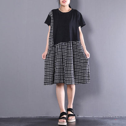 Elegant cotton shift dresses oversized Short Sleeve Plaid Summer Round Neck Black Dress