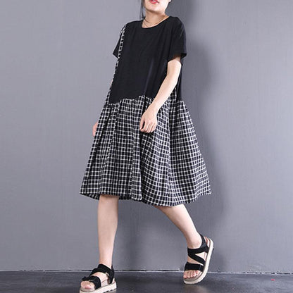 Elegant cotton shift dresses oversized Short Sleeve Plaid Summer Round Neck Black Dress
