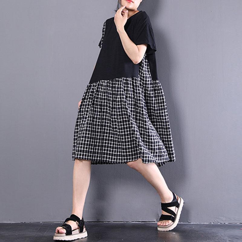 Elegant cotton shift dresses oversized Short Sleeve Plaid Summer Round Neck Black Dress