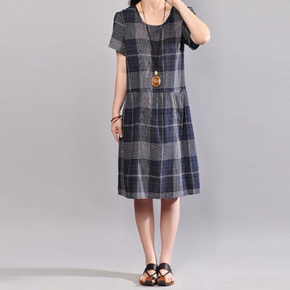 Elegant cotton shift dresses plus size clothing Short Sleeve Casual Plaid Summer Pullover Dress