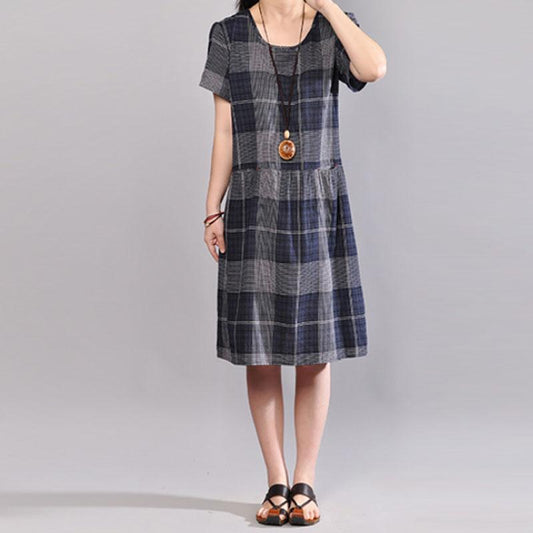 Elegant cotton shift dresses plus size clothing Short Sleeve Casual Plaid Summer Pullover Dress