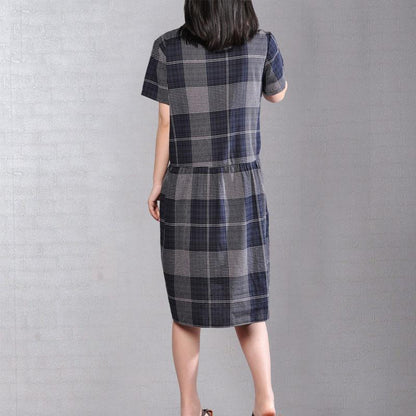 Elegant cotton shift dresses plus size clothing Short Sleeve Casual Plaid Summer Pullover Dress