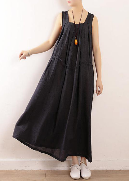 Elegant dark blue linen cotton Robes Fine Sewing Sleeveless drawstring Maxi Summer Dresses - SooLinen