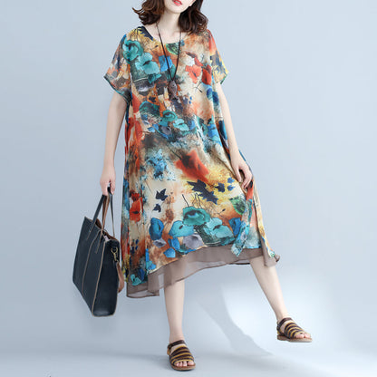 Elegant floral chiffon dress plus size holiday dresses 2018 short sleeve side open chiffon dress