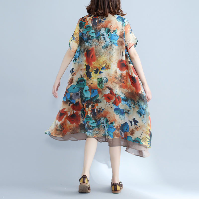 Elegant floral chiffon dress plus size holiday dresses 2018 short sleeve side open chiffon dress