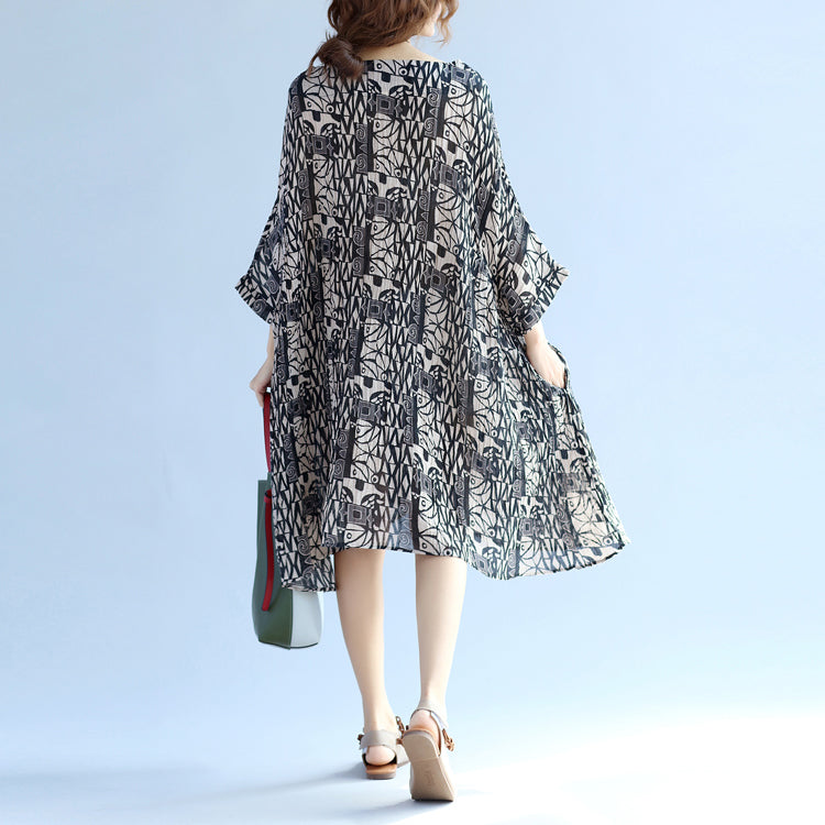 Elegant floral cotton linen knee dress oversized Batwing Sleeve large hem linen cotton dress casual O neck Cinched dresses