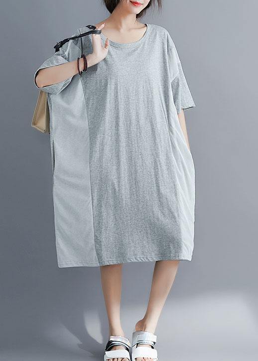 Elegant gray cotton Tunics o neck patchwork Maxi summer Dresses - SooLinen