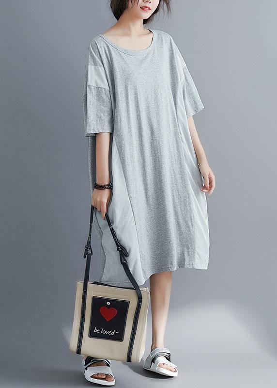 Elegant gray cotton Tunics o neck patchwork Maxi summer Dresses - SooLinen