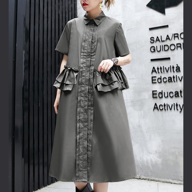 Elegant gray green cotton knee dress oversize traveling clothing 2018 lapel collar ruffles cotton clothing dresses
