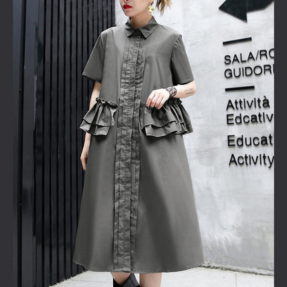Elegant gray green cotton knee dress oversize traveling clothing 2018 lapel collar ruffles cotton clothing dresses
