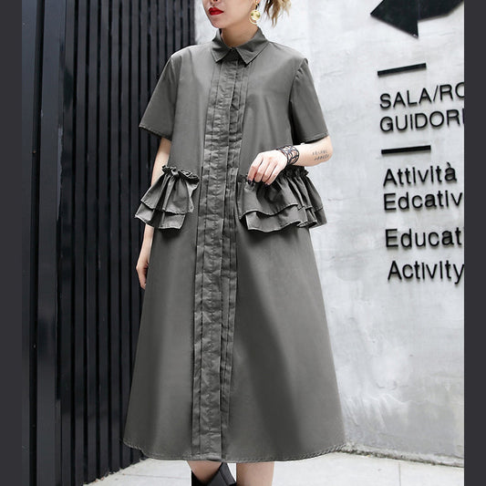 Elegant gray green cotton knee dress oversize traveling clothing 2018 lapel collar ruffles cotton clothing dresses