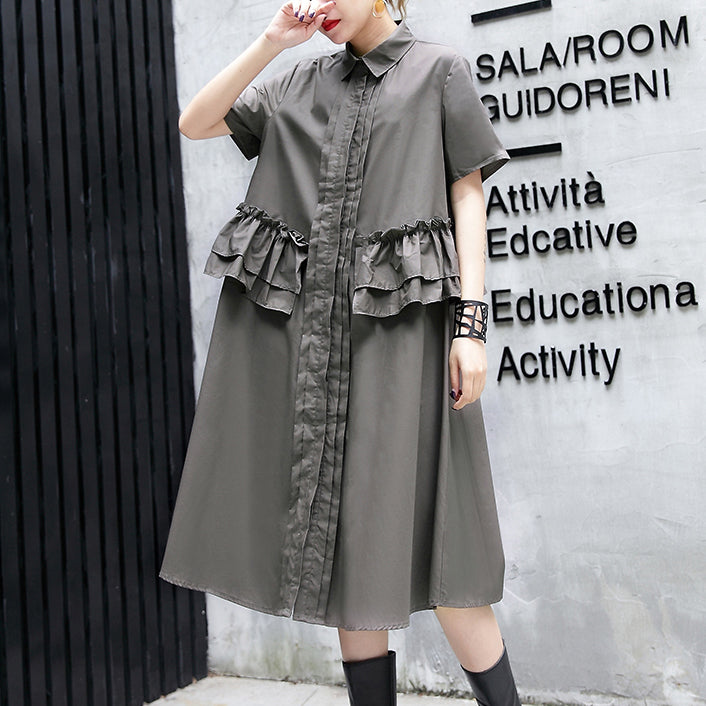 Elegant gray green cotton knee dress oversize traveling clothing 2018 lapel collar ruffles cotton clothing dresses