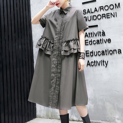 Elegant gray green cotton knee dress oversize traveling clothing 2018 lapel collar ruffles cotton clothing dresses