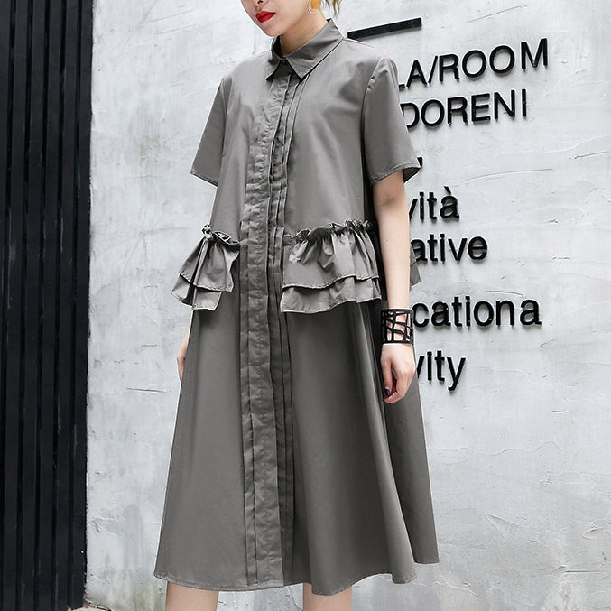 Elegant gray green cotton knee dress oversize traveling clothing 2018 lapel collar ruffles cotton clothing dresses